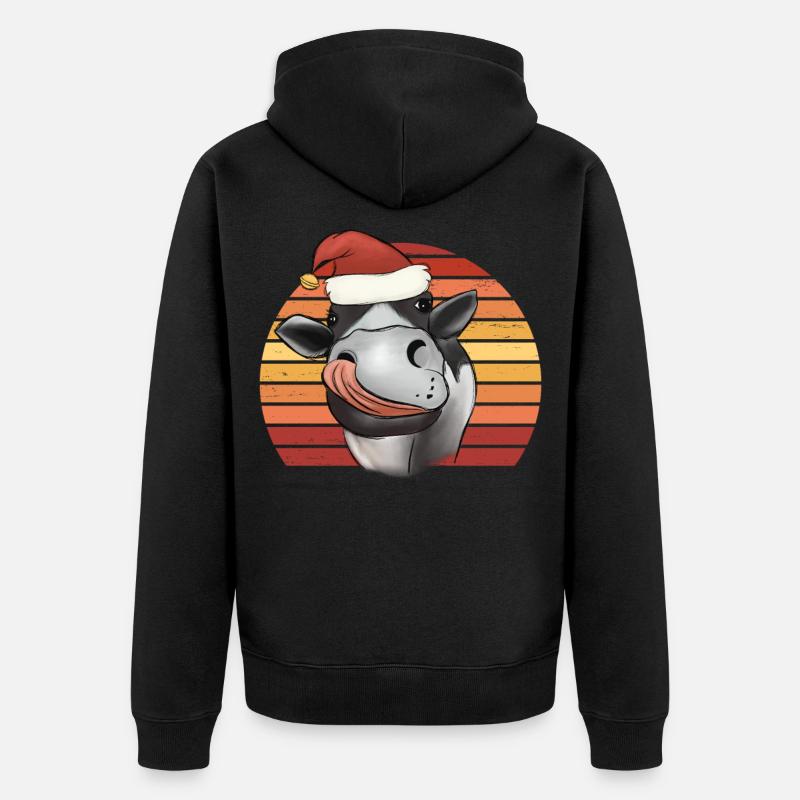 Weihnachtskuh Kuh mit Weihnachtsmütze Retro - Unisex Premium Bio Zip Hoodie - Schwarz