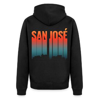 San José Skyline Farbverlauf - Unisex Premium Bio Zip Hoodie - Schwarz - Hinten - Nico (187cm)