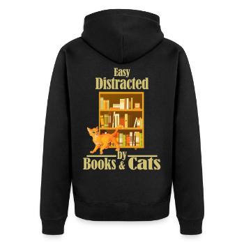 Easily distracted by books and cats - Unisex Premium Organic Zip Hoodie - black - Back - Nico (187cm)