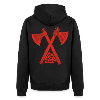 Haches et symbole viking rouge - Veste à capuche bio Premium Unisexe - noir - Dos - Nico (187cm)