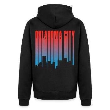 Oklahoma City Skyline Gradient - Unisex Premium Bio Zip Hoodie - Schwarz - Hinten - Nico (187cm)