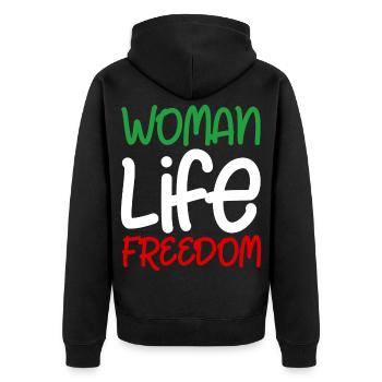 Woman Life Freedom Iran Frauen Frau Frauenrechte - Unisex Premium Bio Zip Hoodie - Schwarz - Hinten - Nico (187cm)