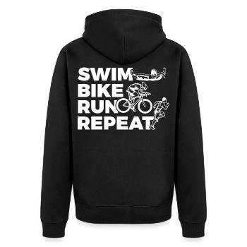 Swim Bike Run Repeat - Unisex Premium Bio Zip Hoodie - Schwarz - Hinten - Nico (187cm)
