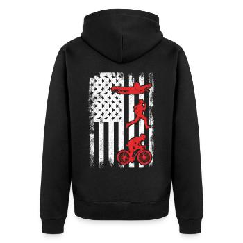 Patriotischer Triathlet - Unisex Premium Bio Zip Hoodie - Schwarz - Hinten - Nico (187cm)