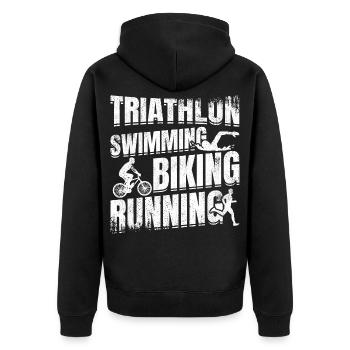 Triathlon Schwimmen Laufen Radfahren - Unisex Premium Bio Zip Hoodie - Schwarz - Hinten - Nico (187cm)