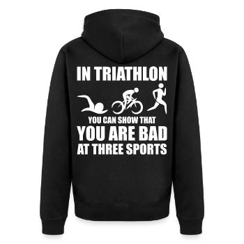 Witziger Triathleten Spruch - Unisex Premium Bio Zip Hoodie - Schwarz - Hinten - Nico (187cm)