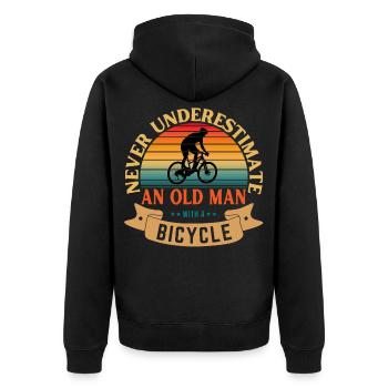 UNTERSCHÄTZE NIEMALS EINEN ALTEN MANN MIT EINEM FAHRRAD - Unisex Premium Bio Zip Hoodie - Schwarz - Hinten - Nico (187cm)