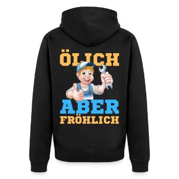 Fröhlicher Schrauber Werkstatt-Design - Unisex Premium Bio Zip Hoodie - Schwarz - Hinten - Nico (187cm)