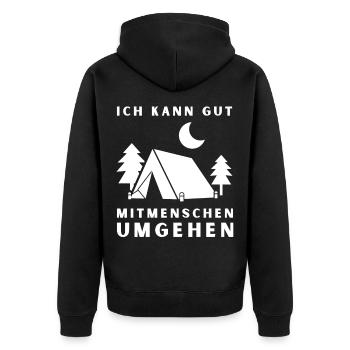 Ich kann gut Menschen umgehen – Camping - Unisex Premium Bio Zip Hoodie - Schwarz - Hinten - Nico (187cm)
