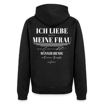 ICH LIEBE MEINE FRAU & Männerabende mit Kumpels - Unisex Premium Bio Zip Hoodie - Schwarz - Hinten - Nico (187cm)