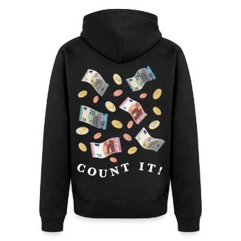 Geldbetrag in Euro Scheinen und Münzen, hell - Unisex Premium Bio Zip Hoodie - Schwarz - Hinten - Nico (187cm)