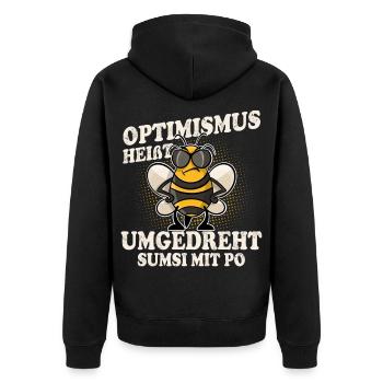 Optimismus Heißt Umgedreht Sumsi Mit Po - Unisex Premium Bio Zip Hoodie - Schwarz - Hinten - Nico (187cm)