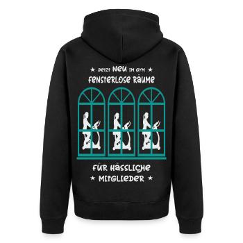 Fitnessstudio mit Fensterlosen Räumen - Unisex Premium Bio Zip Hoodie - Schwarz - Hinten - Nico (187cm)