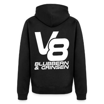 V8 - Blubbern & Grinsen - Unisex Premium Bio Zip Hoodie - Schwarz - Hinten - Nico (187cm)