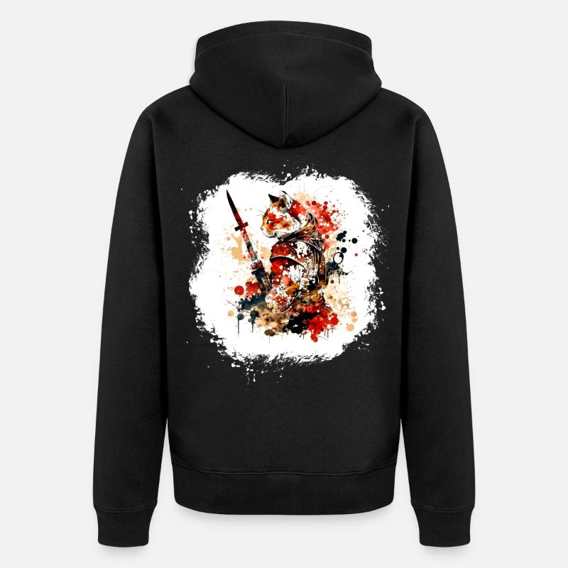 Samurai Katze Rot Schwarz - Unisex Premium Bio Zip Hoodie - Schwarz