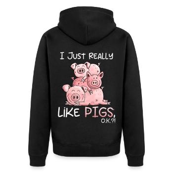 I Just Really Like Pigs Schweine Motiv - Unisex Premium Bio Zip Hoodie - Schwarz - Hinten - Nico (187cm)