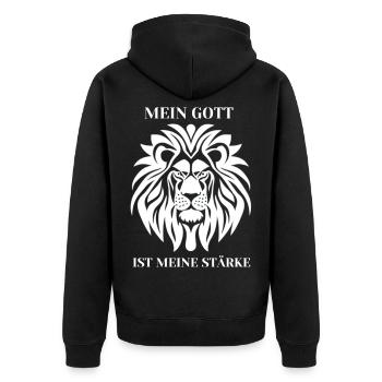 Mein Gott ist meine Stärke Löwe - Unisex Premium Bio Zip Hoodie - Schwarz - Hinten - Nico (187cm)