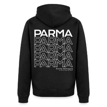 Parma Repeat Typo Emilia-Romagna - Unisex Premium Organic Zip Hoodie - black - Back - Nico (187cm)