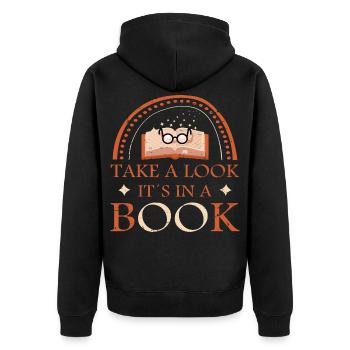 Schau es steht in einem Buch - Unisex Premium Bio Zip Hoodie - Schwarz - Hinten - Nico (187cm)