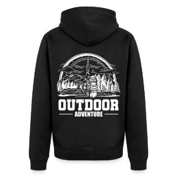 Outdoor Adventure – Camper Mountain Badge - Unisex Premium Bio Zip Hoodie - Schwarz - Hinten - Nico (187cm)
