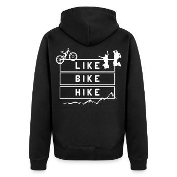 Like Bike Hike Berge Wandern – Grafikdesign Zitat - Unisex Premium Bio Zip Hoodie - Schwarz - Hinten - Nico (187cm)