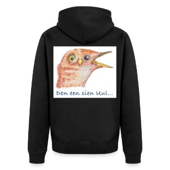 PlattSnack – Den een sien Uul... - Unisex Premium Bio Zip Hoodie - Schwarz - Hinten - Nico (187cm)