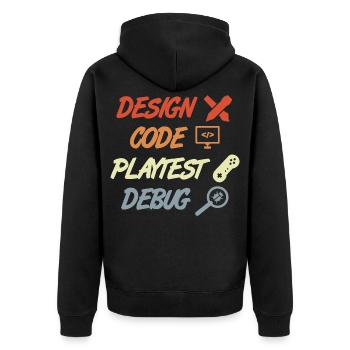 Spielentwicklung Prozess - Unisex Premium Bio Zip Hoodie - Schwarz - Hinten - Nico (187cm)