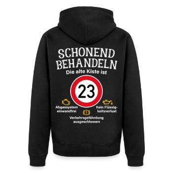 23. Geburtstag Schonend Behandeln 23 Alte Kiste 23 - Unisex Premium Bio Zip Hoodie - Schwarz - Hinten - Nico (187cm)