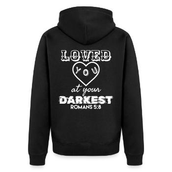 Ich liebte dich in deinem dunkelsten Moment. Römer 5:8 - Unisex Premium Bio Zip Hoodie - Schwarz - Hinten - Nico (187cm)