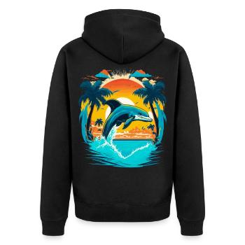 Springender Delphin im Sonnenuntergang - Unisex Premium Bio Zip Hoodie - Schwarz - Hinten - Nico (187cm)