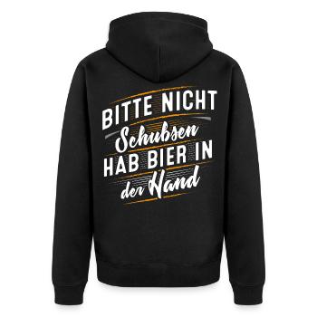 Bitte nicht schubsen - Ich hab Bier in der Hand - Unisex Premium Bio Zip Hoodie - Schwarz - Hinten - Nico (187cm)