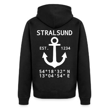 Stralsund Koordinaten - Unisex Premium Bio Zip Hoodie - Schwarz - Hinten - Nico (187cm)