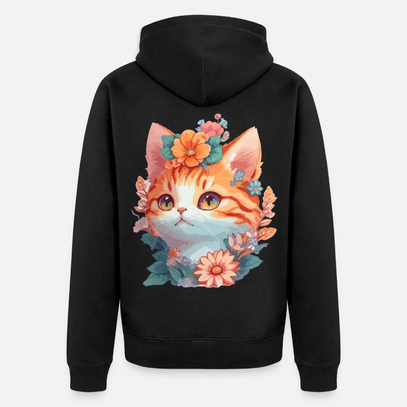 Rote Katze mit Blumen - Unisex Premium Bio Zip Hoodie - Schwarz