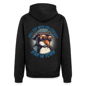 Chilliger Pinguin mit Sonnenbrille und Hut - Unisex Premium Bio Zip Hoodie - Schwarz - Hinten - Nico (187cm)