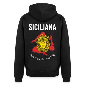 Non ni manciu chiacchiri! Trinacria Sizilien - Unisex Premium Bio Zip Hoodie - Schwarz - Hinten - Nico (187cm)