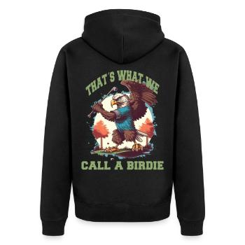 Birdie Adler schwingt den Golfschläger - Unisex Premium Bio Zip Hoodie - Schwarz - Hinten - Nico (187cm)