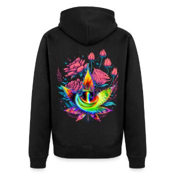 Psychedelisches Cannabisblatt mit Drachenauge - Unisex Premium Bio Zip Hoodie - Schwarz - Hinten - Nico (187cm)