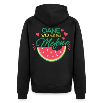 oane vo ana Melone - eine von einer Melone - Unisex Premium Bio Zip Hoodie - Schwarz - Hinten - Nico (187cm)