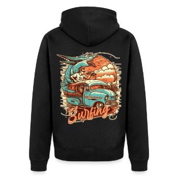 Surfer and fantasy animal on the bus on a surf trip - Unisex Premium Organic Zip Hoodie - black - Back - Nico (187cm)