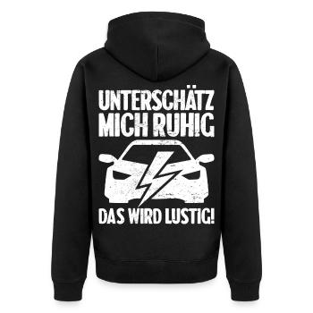 Unterschätz mich ruhig E-Auto Elektro Fahrer - Unisex Premium Bio Zip Hoodie - Schwarz - Hinten - Nico (187cm)
