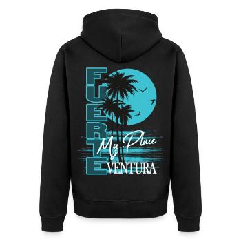 Fuerteventura Palm Sunset My Place Shirt - Unisex Premium Organic Zip Hoodie - black - Back - Nico (187cm)