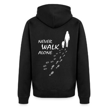 Never walk alone - Hund Frauchen Gassi, Backprint - Unisex Premium Bio Zip Hoodie - Schwarz - Hinten - Nico (187cm)