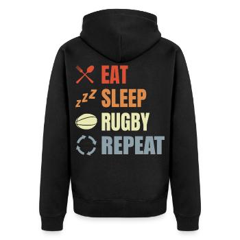 Eat Sleep Rugby Repeat - Unisex Premium Bio Zip Hoodie - Schwarz - Hinten - Nico (187cm)