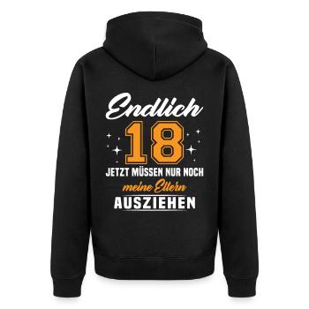 18 Jahre Geburtstagsgeschenk endlich 18 - Unisex Premium Bio Zip Hoodie - Schwarz - Hinten - Nico (187cm)