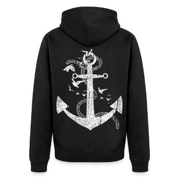 Distressed Anchor Maritime Design - Unisex Premium Bio Zip Hoodie - Schwarz - Hinten - Nico (187cm)