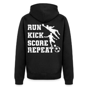 Run Kick Score Repeat - Unisex Premium Bio Zip Hoodie - Schwarz - Hinten - Nico (187cm)