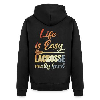 Life Is Easy Lacrosse Really Hard - Unisex Premium Bio Zip Hoodie - Schwarz - Hinten - Nico (187cm)