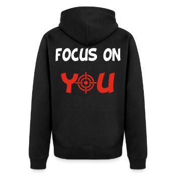 Focus on you (English and white) - Unisex Premium Organic Zip Hoodie - black - Back - Nico (187cm)