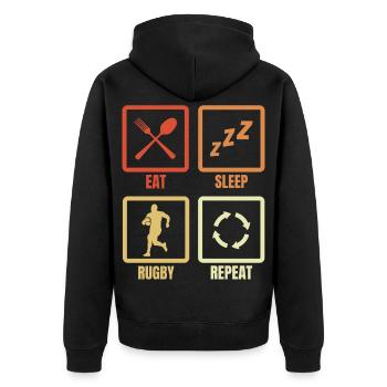 Essen Schlafen Rugby Wiederholen - Unisex Premium Bio Zip Hoodie - Schwarz - Hinten - Nico (187cm)