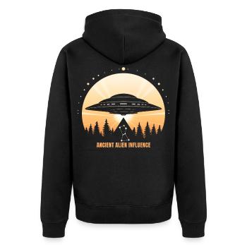 Ancient Alien Influence – UFO Orion Pyramide - Unisex Premium Bio Zip Hoodie - Schwarz - Hinten - Nico (187cm)